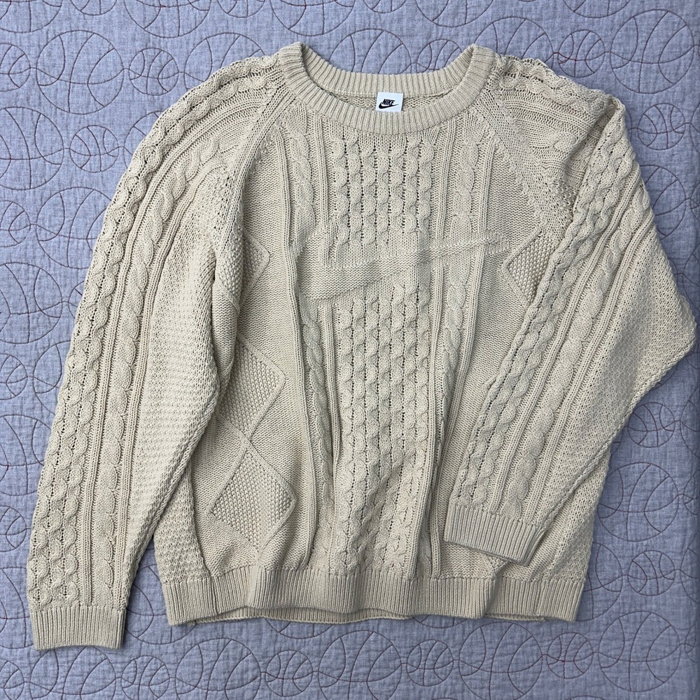 Nike Life Cable Knit Rattan Sweater‎ Beige Cream Swoosh Logo / Men's 2XL